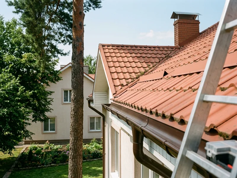 A ladder set up against a tiled roof for gutter and seasonal maintenance