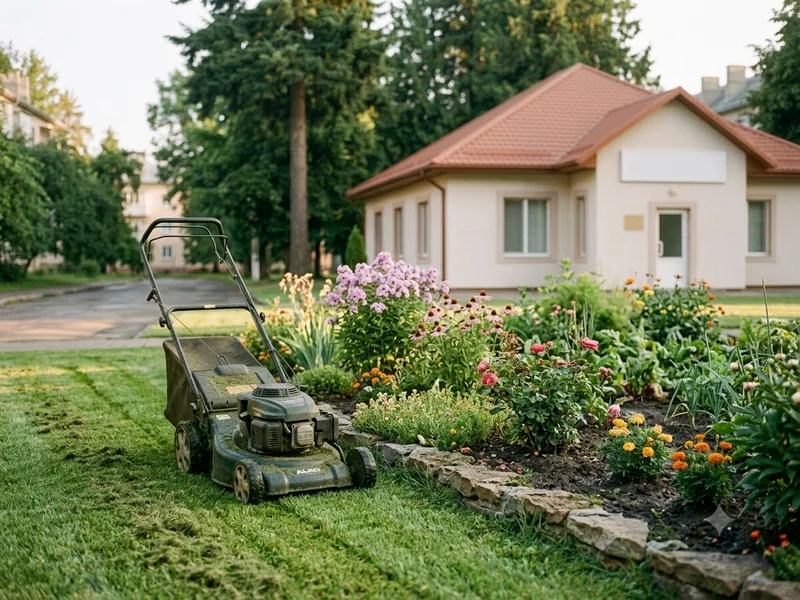 A push lawn mower beside a flower garden bed in a yard