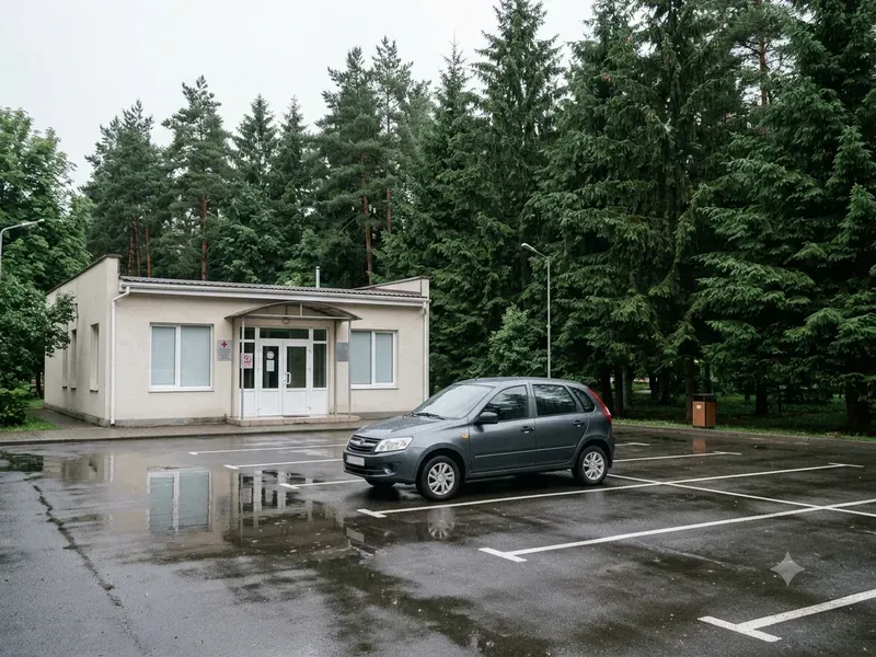 A car parked outside a clinic building with a red cross sign on a rainy day