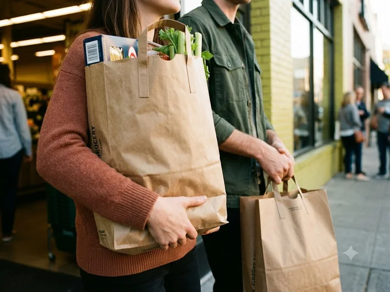 Two people carrying paper grocery bags outside a store downtown