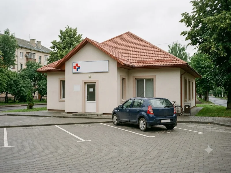 Exterior of a veterinary clinic with a car parked outside