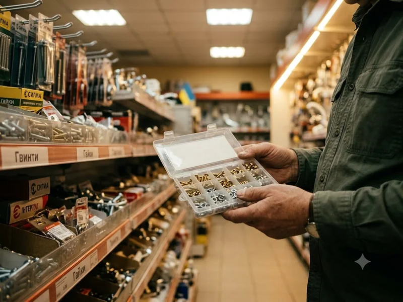 A person browsing hardware store shelves holding a small parts organizer box