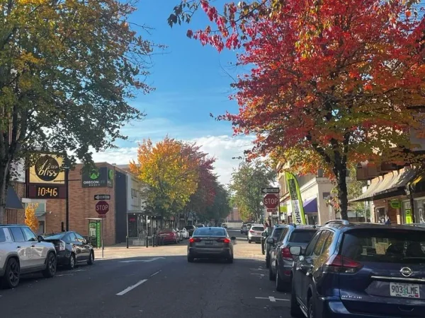 A tree-lined downtown Roseburg street with storefronts in autumn