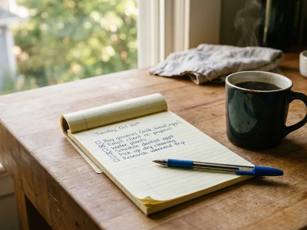 A handwritten to-do list and a cup of coffee on a wooden table